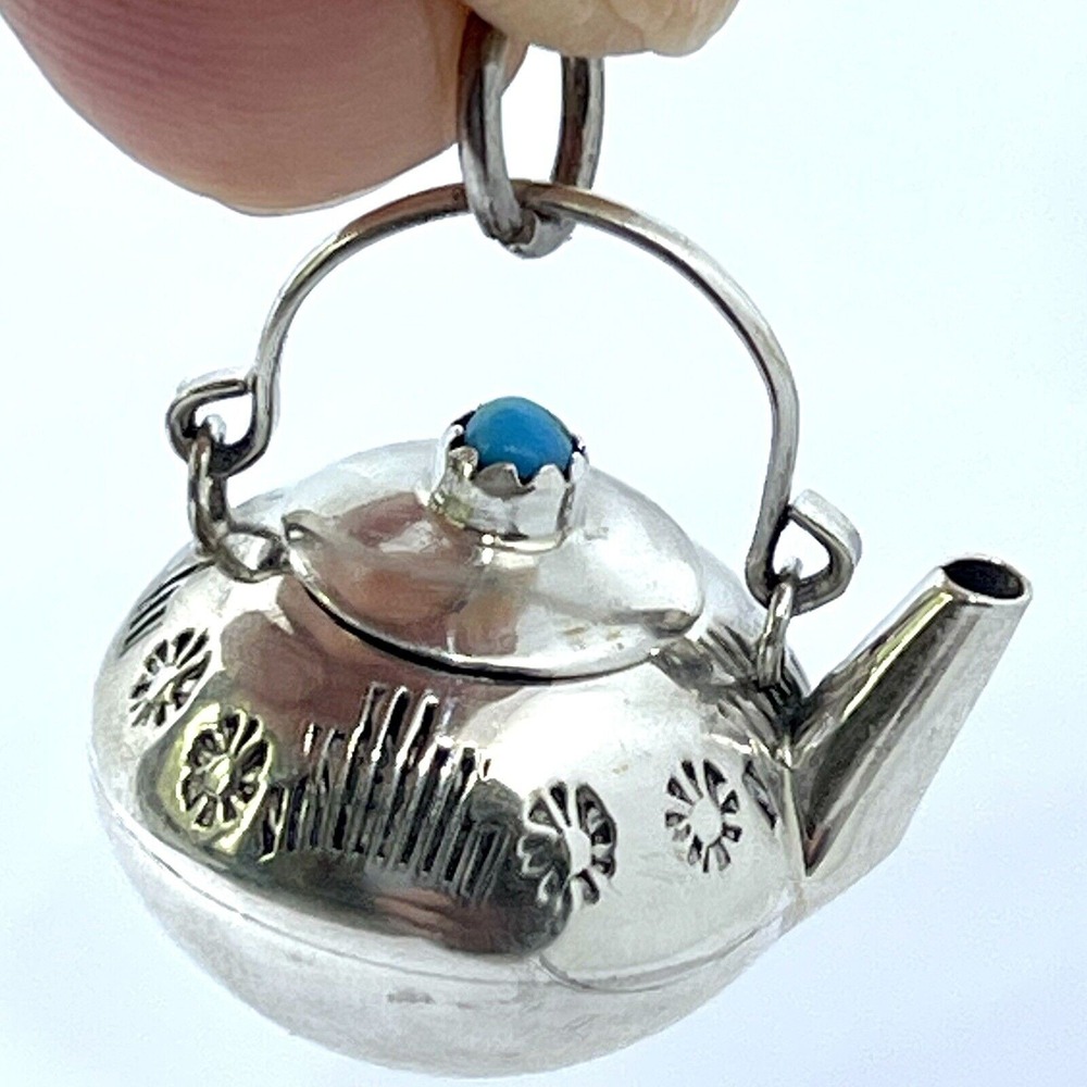Mini Turquoise Teapot Kettle Coffee Navajo Pendant Signed WKW Sterling Handmade